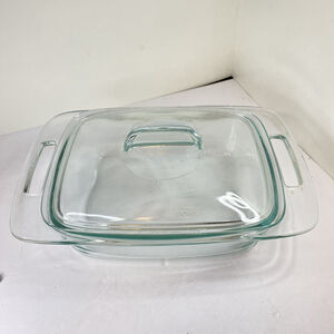 PYREX CLEAR GLASS~OBLONG CASSEROLE DISH & LID~OPEN HANDLES~2 Qt 12”
